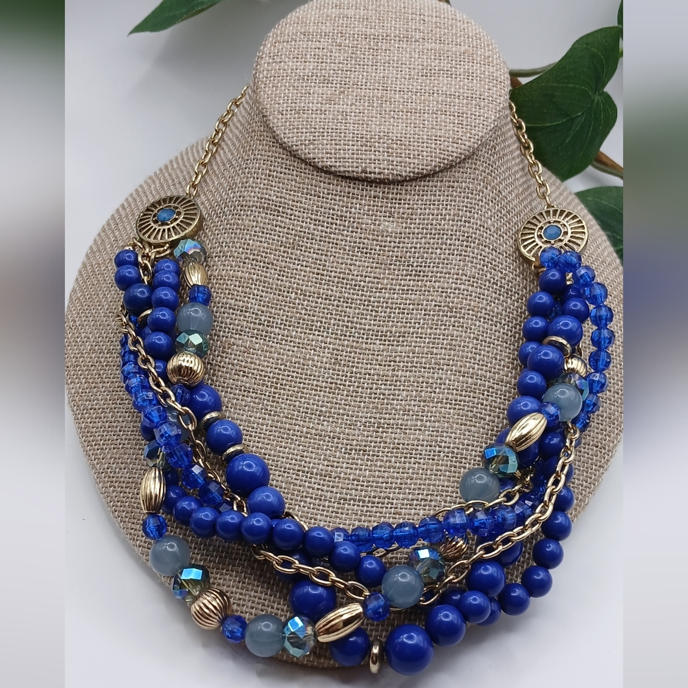 Multi-Layer Statement Necklace Blues & Gold Tone … - image 2
